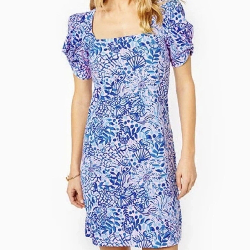 Lilly Pulitzer Blue & White Floral Square-Neck Puff Sleeve Mini
